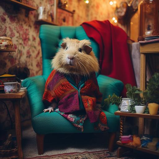 guinea pig wearing clothes sitting on chair in eclectic room