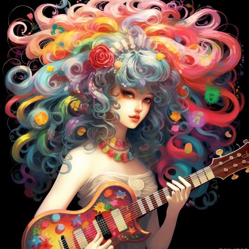guitar godess, colorful kawaii wormcore colorful anime medusa girls, colorful strings of eyeball-beads in hair --ar 1:1