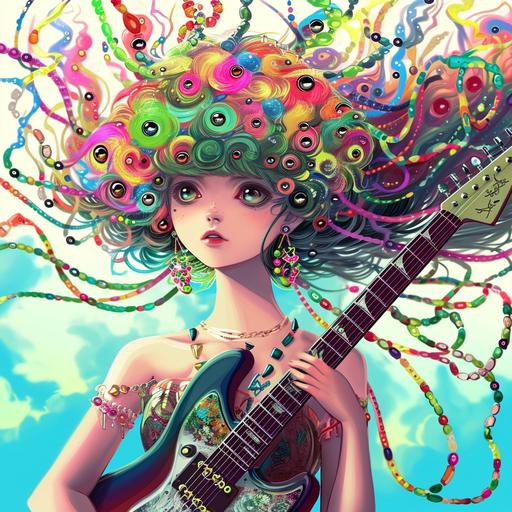 guitar godess, colorful kawaii wormcore colorful anime medusa girls, colorful strings of eyeball-beads in hair --v 6.0