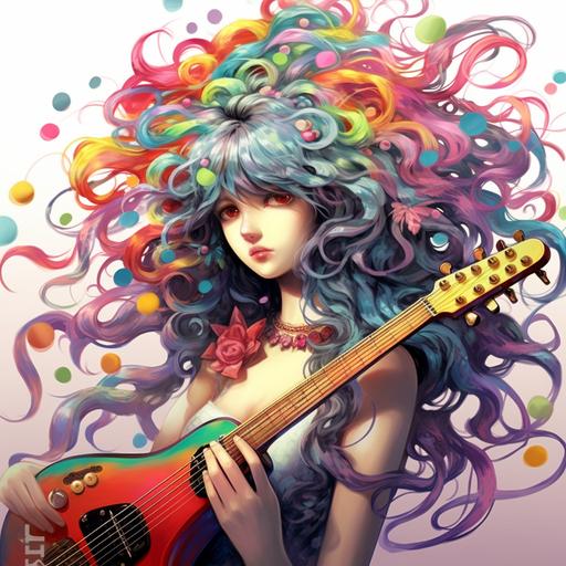 guitar godess, colorful kawaii wormcore colorful anime medusa girls, colorful strings of eyeball-beads in hair --ar 1:1