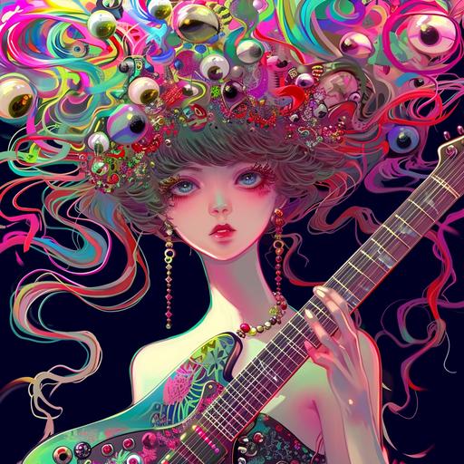 guitar godess, colorful kawaii wormcore colorful anime medusa girls, colorful strings of eyeball-beads in hair --v 6.0