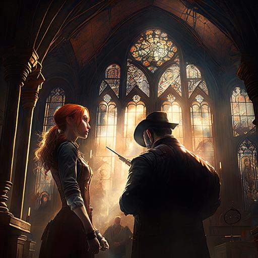 gun duel between arthur morgan and beautiful redhead woman in black inside old church, cinematic lighting, dramatic angle, rdr2, old west, epic fantasy art