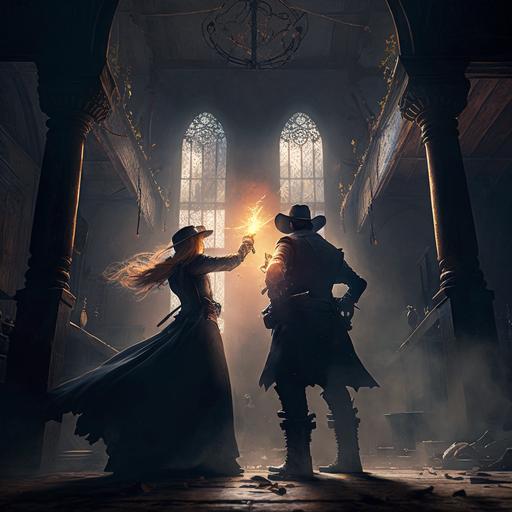 gunfight gun duel between arthur morgan and beautiful redhead woman dressed in black clothes, inside old church, cinematic lighting, dramatic angle, rdr2, old west, epic fantasy art