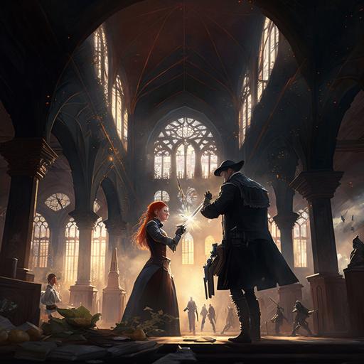 gunfight gun duel between arthur morgan and beautiful redhead woman dressed in black clothes, inside old church, cinematic lighting, dramatic angle, rdr2, old west, epic fantasy art