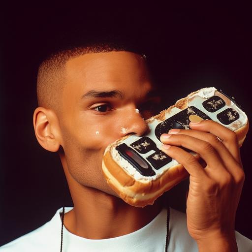 guy eating an ice cream sandwich in the shape of a phone, 90s advertising --v 5