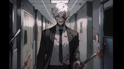 guy in a business suit with white hair and crazy face holding a scalpel, his suit is a bit rugged, hospital hallway dark background, --ar 16:9 --niji