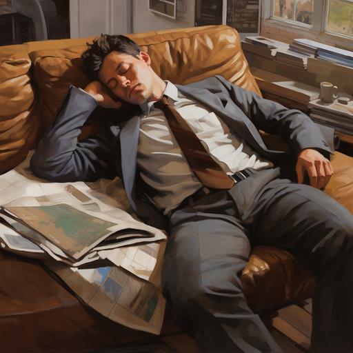guy just getting home from work with his suit still on, asleep on a comfortable couch on his back with the newspaper on his chest, snoring. the color palette is earthy