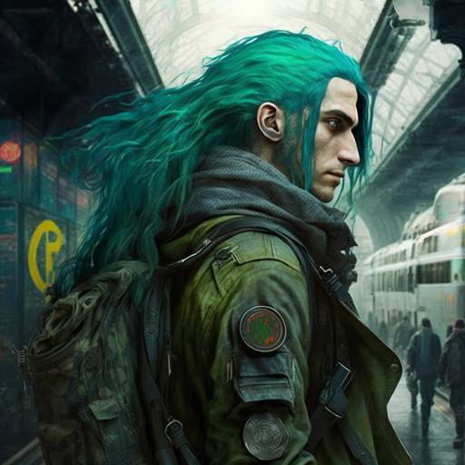 guy, long green hair, blue eyes, green jacket with a lambda sign, gun in hand, against the background of Metro 2033