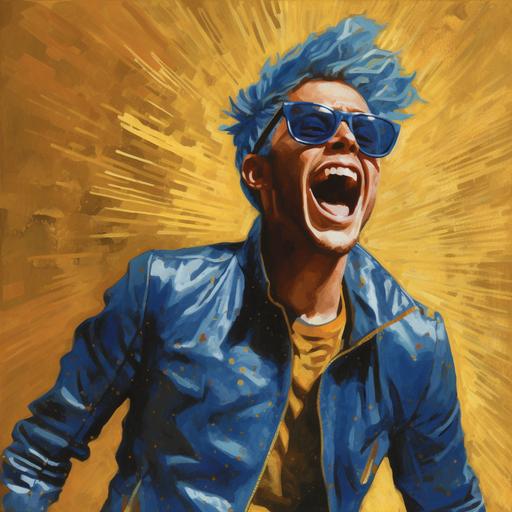 guy screaming with wild hair and gold glasses, gold background, blue hair, blue jacket in moebius style