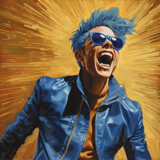 guy screaming with wild hair and gold glasses, gold background, blue hair, blue jacket in moebius style