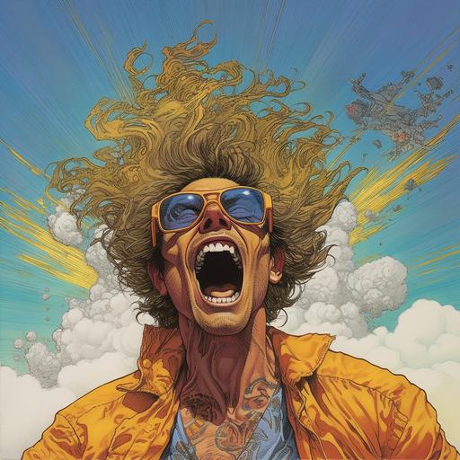 guy screaming with wild hair and gold glasses in moebius style