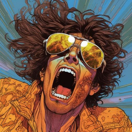guy screaming with wild hair and gold goggles in moebius style