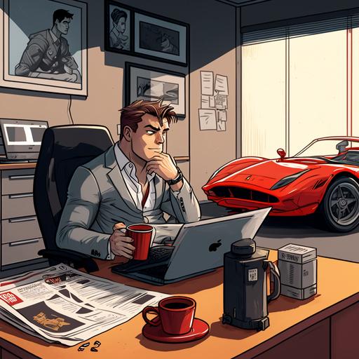 guy studiyng drinking coffe in an office with a ferrari CARTOON