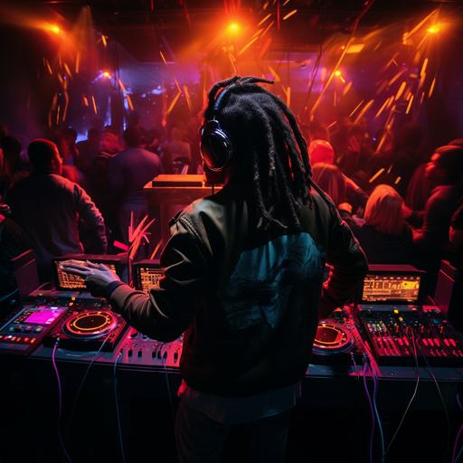 guy with dread locks djing in a club full of people with neon light
