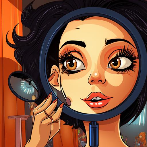Depict applying mascara onto eyelashes in a mirror, cartoon illustration). (Cartoonish, playful, whimsical, vibrant, exaggerated). (Digital camera). (Illustration lens). (Daytime). (Cartoon-style illustration with a touch of cel-shading). (Digital art style)