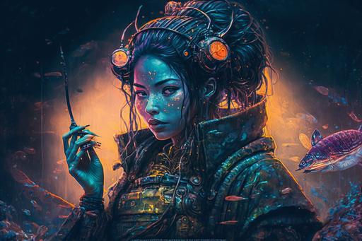 gyotaku style neon cyberpunk sushi cafe futuristic science fiction fantasy Hi-Tech Jingasa Samurai Tokyo pop Kurosawa style commercialism hyper detailed by Artgerm --v 4 --q 2 --ar 3:2