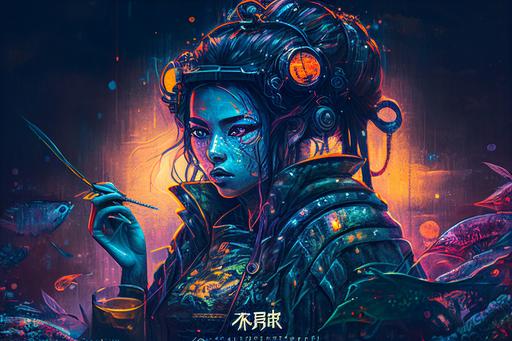 gyotaku style neon cyberpunk sushi cafe futuristic science fiction fantasy Hi-Tech Jingasa Samurai Tokyo pop Kurosawa style commercialism hyper detailed by Artgerm --v 4 --q 2 --ar 3:2