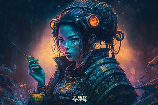 gyotaku style neon cyberpunk sushi cafe futuristic science fiction fantasy Hi-Tech Jingasa Samurai Tokyo pop Kurosawa style commercialism hyper detailed by Artgerm --v 4 --q 2 --ar 3:2