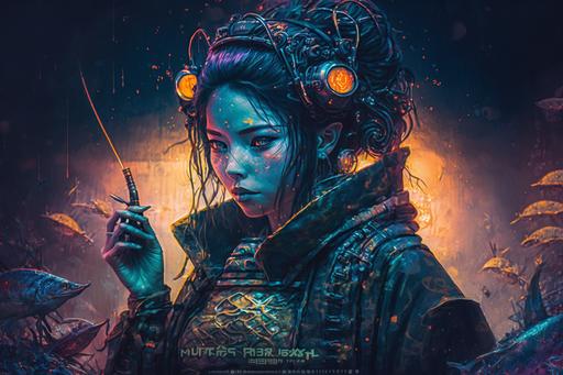 gyotaku style neon cyberpunk sushi cafe futuristic science fiction fantasy Hi-Tech Jingasa Samurai Tokyo pop Kurosawa style commercialism hyper detailed by Artgerm --v 4 --q 2 --ar 3:2