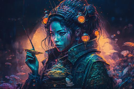 gyotaku style neon cyberpunk sushi cafe futuristic science fiction fantasy Hi-Tech Jingasa Samurai Tokyo pop Kurosawa style commercialism hyper detailed by Artgerm --v 4 --q 2 --ar 3:2