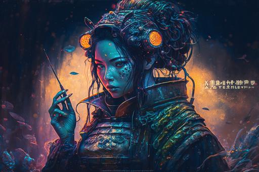 gyotaku style neon cyberpunk sushi cafe futuristic science fiction fantasy Hi-Tech Jingasa Samurai Tokyo pop Kurosawa style commercialism hyper detailed by Artgerm --v 4 --q 2 --ar 3:2