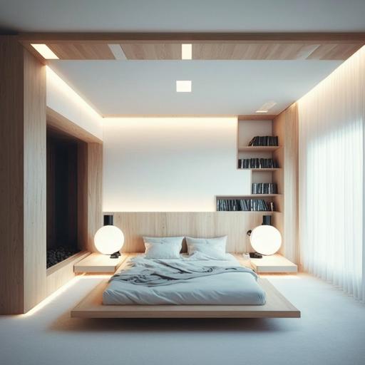 habitación doble de diseño moderno y minimalista con iluminación indirecta con una cama central grande de diseño y grandes ventanales, con acabados en suelo de madera