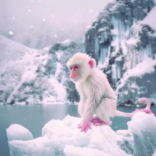 an albino monkey in a exotic lagoon on a snowy mountain by comme des garcons, a cinematic vintage photograph, chemical reactions, high resolution, 8k, hyper realistic --niji