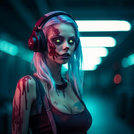 an attractive female zombie playfully posing in in her very tight t-shirt. She's wearing big heaphones while listening to her favorite podcast. hyperrealistic. 35mm lens.