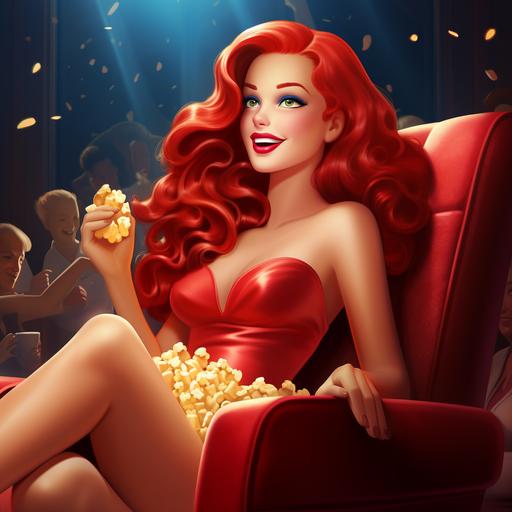 jessica rabbit sitting in a theatre seat, eating popcorn, laughing, cartoon style
