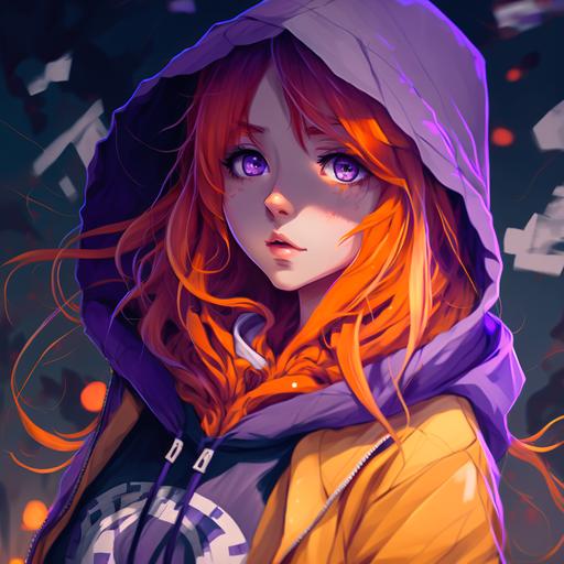 orange hair, blue eyes, long hair, purple hoody, girl, anime