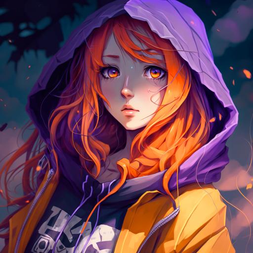 orange hair, blue eyes, long hair, purple hoody, girl, anime