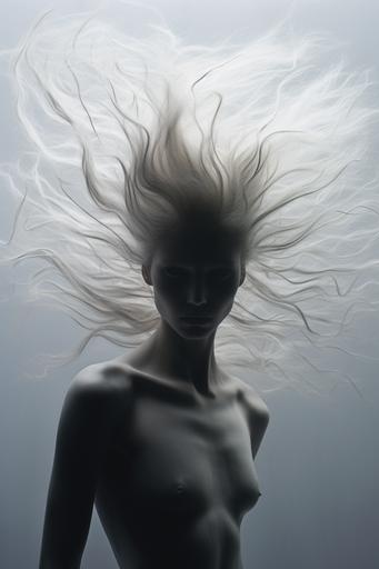 hair flowing on a post punk alien model, wind blown time-lapse motion blur --ar 2:3