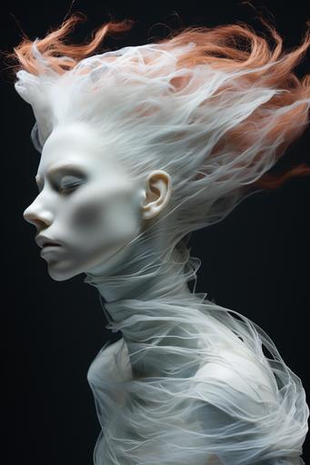 hair flowing on a post punk alien model, wind blown time-lapse motion blur --ar 2:3