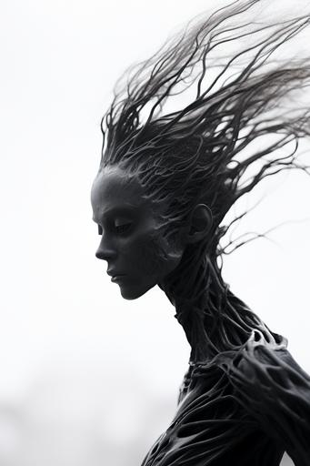 hair flowing on an alien post punk alien model, wind blown time-lapse motion blur --ar 2:3