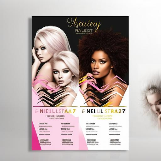 hair style flyer all models are black with mutiple hair styles pink ,white, black and gold for hair design course --v 5