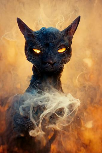 hairless cat silhouette made of smoke, angry cat face, bright magical energy, dungeons and dragons character, fantasy art, full body, epic scene, cinematic lighting, stary background, max detail, 4k --ar 4:6