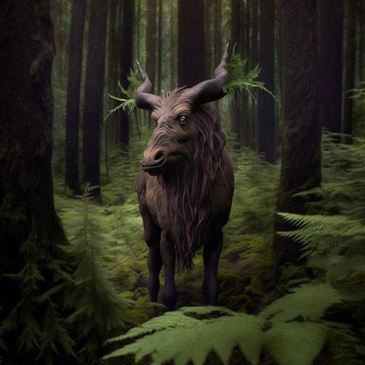 hairy brown horse alien with deer horns and claws in Oregon forest