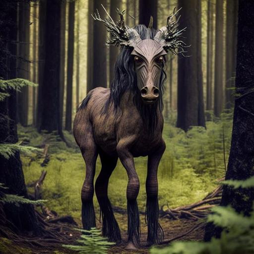 hairy brown horse alien with deer horns and claws in Oregon forest