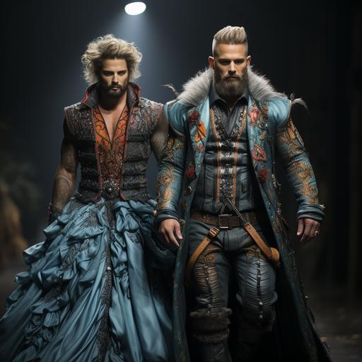 hairy hunky gay masculine muscular tattooed bodybuilders walk down the runway in faerietale couture dresses inspired by fairy tales, dramatic sparkly makeup, high fashion, haute couture, --upbeta --q 2 --s 750