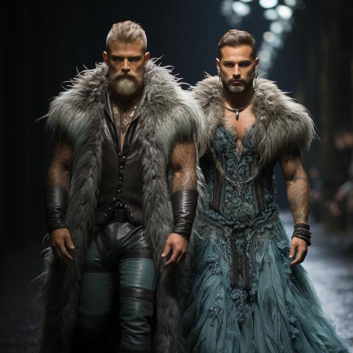 hairy hunky gay masculine muscular tattooed bodybuilders walk down the runway in faerietale couture dresses inspired by fairy tales, dramatic sparkly makeup, high fashion, haute couture, --upbeta --q 2 --s 750