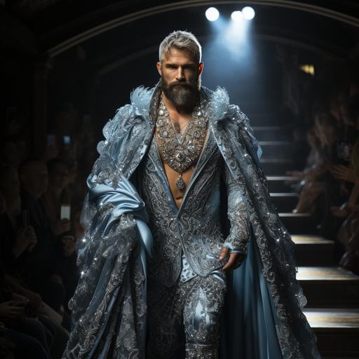 hairy hunky gay masculine muscular tattooed bodybuilders walk down the runway in faerietale couture jewel-encrusted dresses inspired by fairy tales, dramatic sparkly makeup, high fashion, haute couture, --upbeta --q 2 --s 750