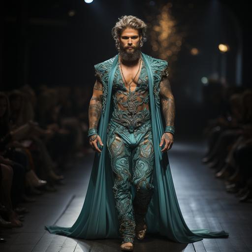 hairy hunky gay masculine muscular tattooed bodybuilders walk down the runway in faerietale couture jewel-encrusted dresses inspired by fairy tales, dramatic sparkly makeup, high fashion, haute couture, --upbeta --q 2 --s 750