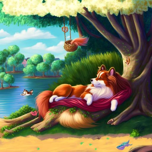 hairy, lots of hair, long hair, hair hair hair hair, a rapunzel corgi princess with absurdly flowing red long hair, disney beautiful young long red haired corgi sleeping under a tree by the river with fish pole next to the corgi, beautiful, serene, sunny day, hand drawn, ultra high detail, intricate, lazy afternoon --v 4