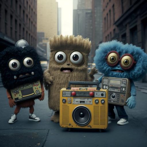 hairy monsters standing in 1980s Brooklyn near the bridge. Gang of them posing with big eyes 1980s 80s hip hop boombox grain street portrait social history realistic atmospheric --v 4
