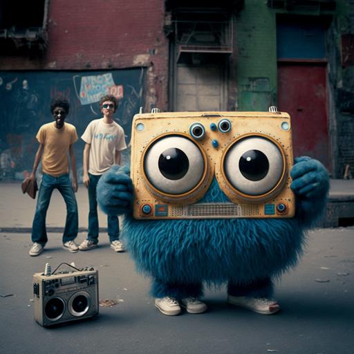 hairy monsters standing in 1980s Brooklyn near the bridge. Gang of them posing with big eyes 1980s 80s hip hop boombox grain street portrait social history realistic atmospheric --v 4
