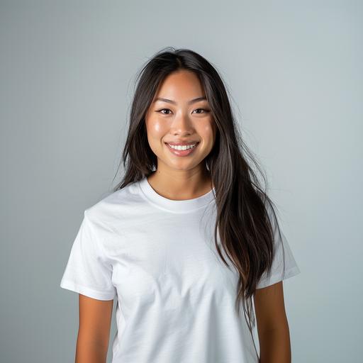 half black half asian woman in a Gildan 64000 blank white t shirt, slightly oversized, smiling to the camera, bachelorette party decorations, 4K, professional camera,