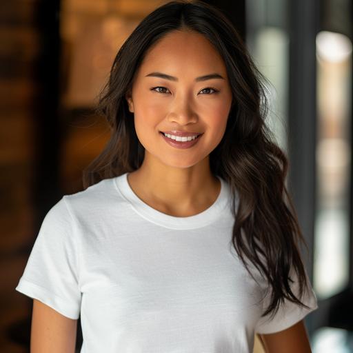 half black half asian woman in a Gildan 64000 blank white t shirt, slightly oversized, smiling to the camera, bachelorette party decorations, 4K, professional camera,