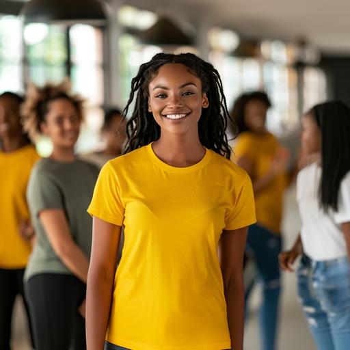 half black woman in a Gildan 64000 blank yellow t shirt, slightly oversized, smiling to the camera, with friends slightly blurry in the background, 4K, professional camera