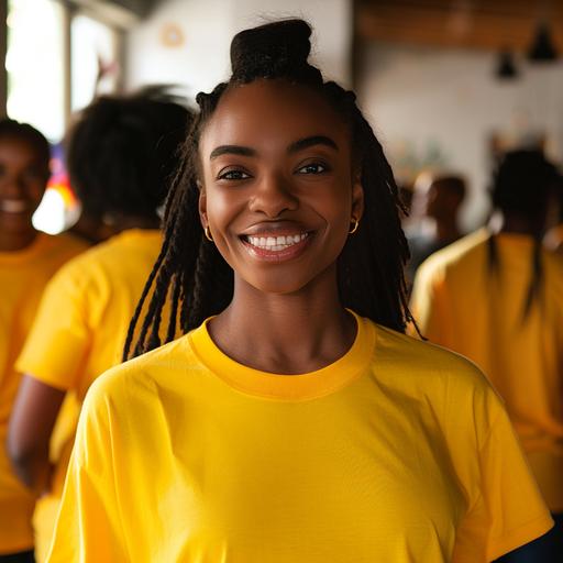 half black woman in a Gildan 64000 blank yellow t shirt, slightly oversized, smiling to the camera, with friends slightly blurry in the background, 4K, professional camera