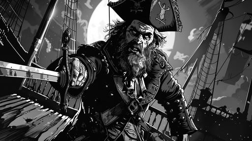 half body shot of the bearded pirate captain hook posing to strike down with his sword on ship deck at night in the black and white art style of a storyboard --ar 16:9 --v 6.0